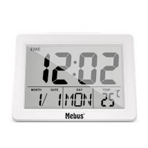 Mebus 25738 analog alarm clock in white with snooze function, automatic time setting, temperature indicator, and built-in calendar, powered by 3 AAA batteries, perfect for a stylish bedside display.