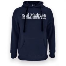 Real Madrid - Sudadera con Capucha Unisex | Azul Marino con Estampado Blanco | Escudo y Letras del RM | Bolsillos Frontales | Estilo Deportivo y Casual | Cálida y Cómoda