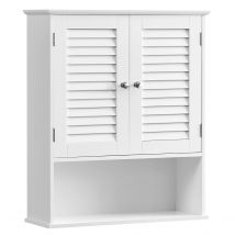 VASAGLE Armario de Pared para Baño, Armario Colgante, Armario de Almacenamiento con Estante Ajustable, Puertas de Doble Persiana y Estante Abierto, 20 x 60 x 70 cm, Blanco