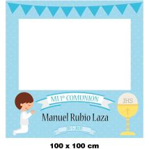 Oedim Photocall Mi Primera Comunión Niño Azul, 100x100cm, Eventos o Celebraciones puntuales, Ventana Troquelada, Photocall Divertido