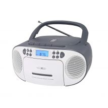 Reproductor de CD Reflexion con Cassette y Radio para alimentación y batería (Radio PLL FM, Pantalla LCD, Entrada Auxiliar, Conector para Auriculares), Color Blanco y Gris RCR2260