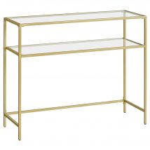 VASAGLE Mesa de Consola, Mesa de Entrada, Extremo del SofÁ, Tablero de Vidrio Templado, Marco de Metal, Patas Ajustables, para SalÓn, Entrada, Pasillo, Dorado y Transparente/Negro y
