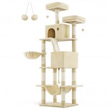 Feandrea Árbol para Gatos, XXL, Torre de Gatos de 206 cm de Altura con 13 Poste, 2 Plataformas, 2 Cuevas, Cesta, Hamaca, Pompón, Rascador Multinivel para Gatos Grandes, Beige/Blanco Crema/Gris