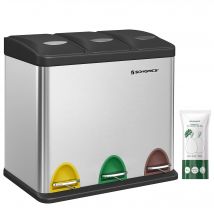 SONGMICS - Papelera de cocina, 3 x 8 L, con tapas, basura triple de acero para pequeñas familias, pedales y cuartos, fácil de limpiar, Plata y Negro/Blanco Crema y Marrón/Blanco Crema y