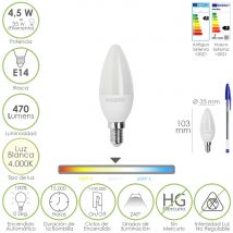 Bombilla led vela rosca e14. 4,5 vatios. equivalente a 35 vatios. 470 lúmenes. luz neutra (4000º k.)