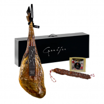 Jamón  de bellota 100% ibérico peso 8 kg aprox -chorizo o salchichón de bellota de regalo y cuña de queso de oveja- Marca  GUIJU-fabrica de  Guiju-Salamanca.Regalo navidad. Con brida negra