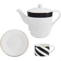 Mikasa Luxe Deco fine porcelain tea set includes a 500 ml teapot, 250 ml teacup, and saucer, featuring an Art Deco design with genuine gold details, perfect for afternoon tea and a stylish gift for