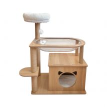 COTTECOTA-Árbol rascador para gatos de 85 cm estilo madera. Torre compacta con 2 camas, hamaca, cueva, bola colgante, rampa y postes de sisal. Arbol ideal para jugar, dormir y rascar. Diseño moderno,