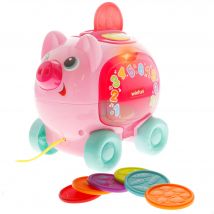 Winfun - Hucha cerdito interactiva para bebés, con cuerda de arrastre, dos modos de juego, frases en español e inglés, 10 monedas de colores, +30 sonidos y melodías, +37 palabras y frases, botón