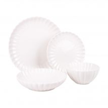 Cofan Vajilla de porcelana esmaltada | Juego de 16 piezas | Diseño en relieve | Color: blanco | Apta para lavavajillas, microondas y horno
