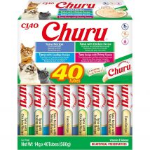 CHURU – INABA,  40 UNIDADES MIX Variedades de Snacks Sludables Base De ATÚN con MARISCO, Premio para Gatos, Premio Delicoso, Snack Liquido