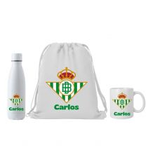 Real Betis - Mochila - Botella termo 700ml - Taza 350ml - Escudo del Real Betis + nombre Regalo para niño hombre o mujer