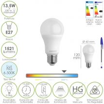 Bombilla led estándar rosca e27. 13,5 vatios. equivalente a 100 vatios. 1521 lúmenes. luz fría (6500º k.)