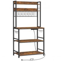 VASAGLE Estantería para Panadería con Toma de Corriente, Soporte de Microondas, Estantería de Cocina, Alambre de Metal, 14 Ganchos, 40 x 80 x 170 cm, Marrón Rústico y Negro/Greige y Negro/Gris Carbón
