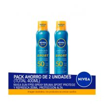 NIVEA SUN FP50 Spray Bruma Sport Protege y Refresca 200ml. Protección alta - Pack ahorro de 2 unidades (total 400ml)