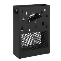 SONGMICS Paragüero de Metal, Soporte de Paraguas, Rectangular, con Bandeja de Agua Extraíble, 4 Ganchos, Diseño Tallado, para Entrada, Oficina, Negro