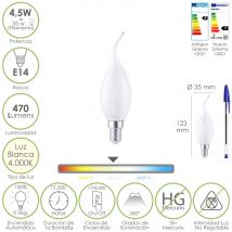 Bombilla led filamento vela llama esmerilada e14. 4,5 vatios. equivalente a 35 vatios. 470 lúmenes. luz neutra 4000º k.
