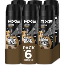 Axe Desodorante para Hombre Bodyspray Leather & Cookies 150ml (Pack de 6) - Tecnología Dual Action, Fórmula sin aluminio, Componente antiolor Zinc Complex 6, Huele irresistible a cuero nuevo y