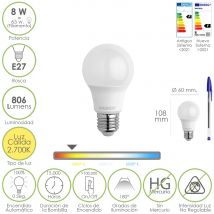 Bombilla led estándar rosca e27. 8 vatios. equivalente a 65 vatios. 806 lúmenes. luz cálida (2700º k.)
