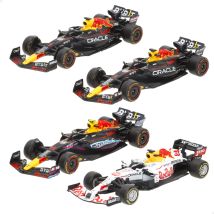 Burago - Set de 4 coches Red Bull RB16, RB18 y RB19 Max Verstappen y Checo Pérez o Ferrari F1-75 y SF-23 Charles Leclerc y Carlos Sainz, escala 1:43, réplicas oficiales, diseño original detallado,