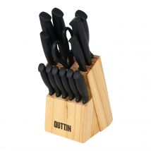 Juego de Cuchillos Quttin de 14 Piezas con Mango Negro y Taco de Madera - Set Completo y Elegante para tu Cocina, Incluye Tijeras y Bloque de Almacenamiento