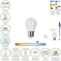 Bombilla led esfera rosca e27. 6,5 vatios. equivalente a 55 vatios. 806 lúmenes. luz fría 6500º k.