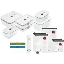 Zwilling Vacuum Set, 7-piece in La Mer color includes vacuum pump, glass containers, and bags for airtight food storage, ideal for keeping meals fresh longer and preserving food quality.