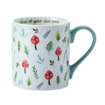 Mikasa Mushroom Straight-Sided Porcelain Mug 280ml - Durable ceramic cup featuring autumn-themed watercolor design with red amanita mushrooms, blue handle, and inspirational message, perfect as a