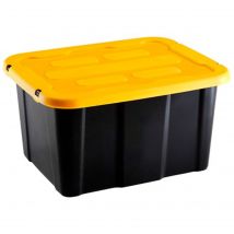 Tradineur - Caja de almacenaje apilable con tapa, plástico, cajón multiusos, ordenación, herramientas, hogar, fabricada en España (Amarillo y negro - 30 litros - 48 x 38 x 25,5 cm)
