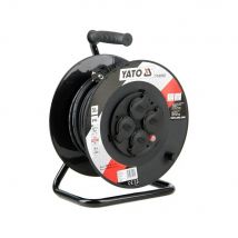 Yato YT-81053 retractable power strip with 4 AC sockets and 30m cable, made of PVC in black, features surge protection and suitable for indoor and outdoor use, perfect for multiple sockets needs.