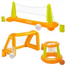 INTEX - Pack 3 juegos hinchables piscina, set vóley flotante con red y balón, canasta hinchable, portería acuática, juegos acuáticos familiares, verano, jardín, diversión en grupo, resistentes