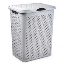 Tradineur - Cesto para ropa sucia con tapa y asas, pongotodo de plástico, cubo para colada, imitación de mimbre, fabricado en España (Gris claro - 38 litros - 49 x 38,5 x 29,5 cm)