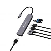 Verbatim Essentials USB-C Multiport Concentrator, 7 puertos: (2) USB-A 3.0/3.2 Gen 1, (2) USB-C 3.0/3.2 Gen 1, ranuras para tarjetas SD y Micro SD con HDMI 4K y entrega de energía de hasta 100W