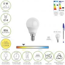 Bombilla led esférica con rosca e14. 5 vatios. equivalente a 55 vatios. 806 lúmenes. luz cálida regulable (3000º k.)