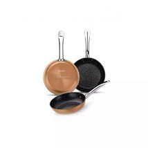Monix Copper - Set 3 Sartenes, Lote 18, 22 y 26 cm, 3 Piezas Antiadherentes, Aluminio Acabado Cobre. Aptas Cocinas Inducción, Vitro, Gas