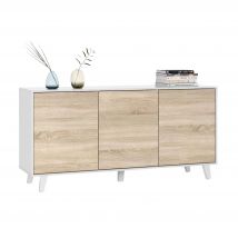 Aparador buffet salón comedor con tres puertas Zaiken blanco y roble 154x75x41 cm