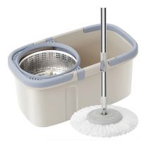 Fregona retráctil giratoria de 360 ° con cubo, mopa redonda de acero inoxidable de Doble accionamiento, Herramientas de limpieza automática para el hogar en seco y húmedo, 2 recambios