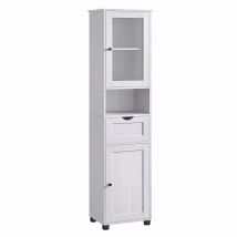 VASAGLE Mueble Baño, Armario Baño, Armario Alto, Compartimento Abierto, Puerta de Cristal, Estrecho, con Patas, Estantes Regulables en Altura, Ahorro de Espacio, Blanco Arce/Blanco Nube