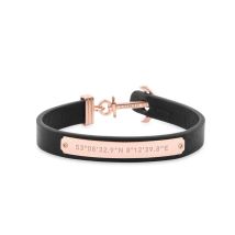 Paul Hewitt Brazalete con Ancla y Grabado de coordenadas Signum - Pulsera de Cuero Negro con Ancla para Mujer, Accesorio de Acero Inoxidable bañado en Oro Rosa