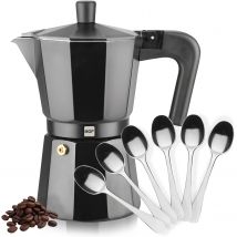 Magefesa Kenia Noir - Cafetera Italiana Negra + 6 Cucharillas Moka, Aluminio Esmaltado, Para Todas las Cocinas, NO APTA PARA INDUCCIÓN