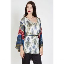 Blusa satén mujer, kimono, estampada, manga ancha, cuello redondo, fluida, cinturón, cómoda, versátil, elegante, talla única, colores azul/rojo, outfit femenino ideal oficina o evento ✅Entrega 24/48h