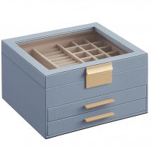 SONGMICS Caja de Joyas, Caja Joyero de 3 Niveles, Estuche de Joyería, Tapa de Cristal, con 2 Cajones, Gran Capacidad, Estilo Moderno, Idea de Regalo, Azul Ahumado y Dorado/Blanco Nube/Gris