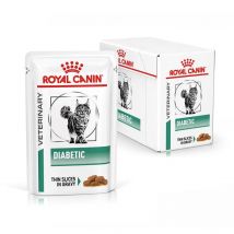 12 X 85g - Royal Canin Veterinary Diabetic  Alimento completo dietético para gatos  Para regular el aporte de glucosa  Con trocitos finos en salsa  Alto contenido en proteínas