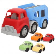 PLAY - Camión transportador de juguete con rampa, incluye 4 coches de colores, diseño resistente y seguro, juguete simbólico, juego de imitación, fomenta la imaginación, la socialización y la
