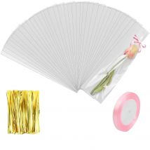 Bolsas de Celofán Transparente 200 Piezas, 7,5x28 cm, Bolsas para Chuches, Bolsitas Plastico Pequeñas, con 100 Lazos de Torsión, Bolsas Celofán, Regalo para Envolver Caramelos Galletas Dulces
