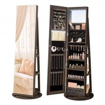 SONGMICS Espejo Joyero con 6 LEDs, Armario de Joyas de Giro de 360°, , sin Marco, Espejo Completo con Almacenaje, Superficie Ceniza y Forro Negro/Superficie Blanco y Forro Negro/Superficie Marrón