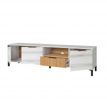Mueble de TV para Salón Comedor Tokio Estilo Nórdico en Color Blanco Albo y Roble Rayado con 3 Puertas y 2 Cajones 178 cm