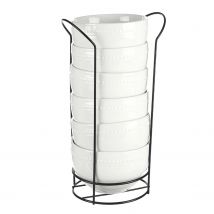 DAM.SET 6 BOL PORCELANA BLANCA 800ML C SOPORTE NEGRO 22x15x31cm
