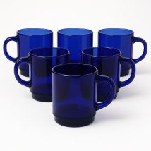 Duralex - Set de 6 Tazas de Vidrio Transparente con Asa, 26CL - Juego de Tazas de Cristal Reforzado en Colores Variados (Azul Zafiro, Gris, Ámbar, Morado, Azul y Verde) - Resistente y Duradero para