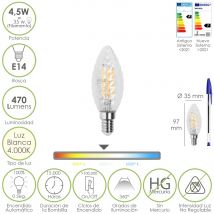 Bombilla led filamento vela twist. y14. 4,5 vatios. equivalente a 35 vatios. 470 lúmenes. luz neutra 4000º k.